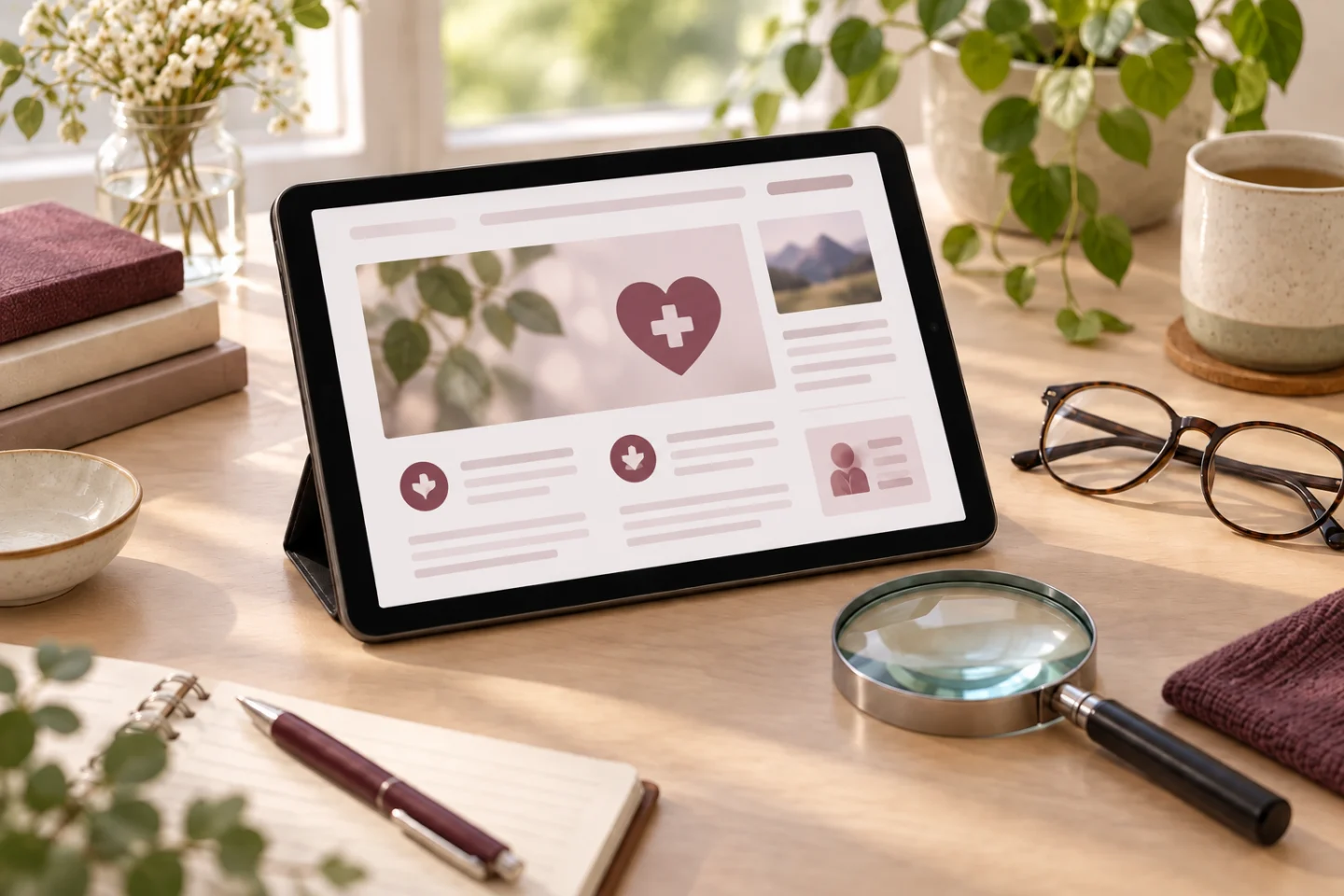 Tablet, lupa i naočare za pažljivo čitanje zdravstvenih informacija